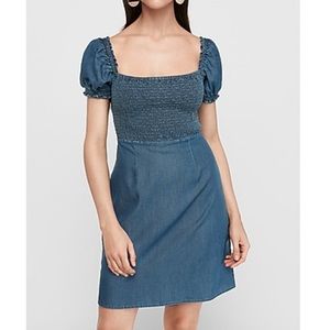 Denim smocked top puff sleeve dress